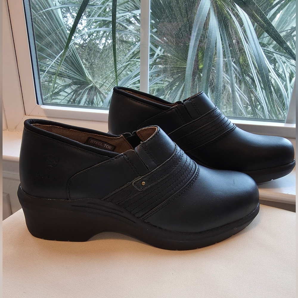 New Ariat Black Leather Steel Toe Safety Clogs | Women's 9.5 Wide